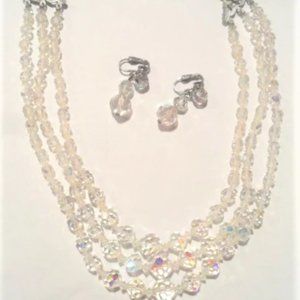 1950's Crystal Glass NECKLACE Aurora Borealis NECKLACE w/ EARRINGS Beads Prism